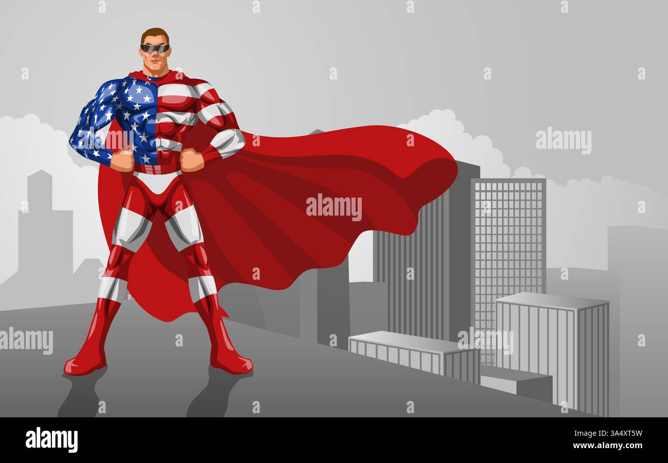 Muskulöser Superheld in einem Kostüm, das von den USA-Insignien inspiriert ist, steht heldenhaft auf einem Stadtgebäude Stock Vektor
