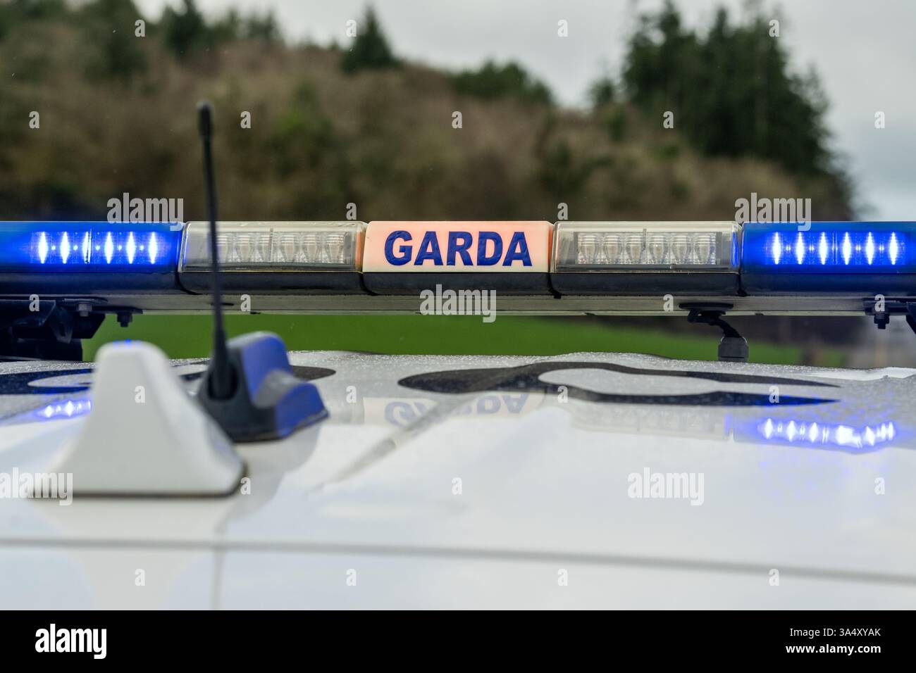 Blaue Lichter auf einem Garda-Auto, Irland. Stockfoto