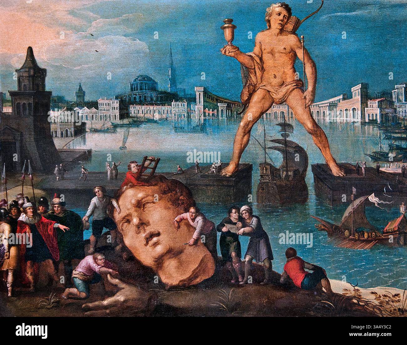 Der Koloss von Rhodos von Louis de CAULLERY 1580 1621 Belgien Belgischer Louvre Frankreich Fine Art Museum Paris. Der Koloss von Rhodos, eines der sieben Weltwunder der Antike, war eine majestätische Statue, die vor über 2000 Jahren im Hafen von Rhodos stand. Der Koloss wurde zur Feier des Sieges der Insel über eine Invasionsarmee errichtet und wurde zu einem Symbol für Freiheit, Stärke und Widerstandsfähigkeit. Stockfoto