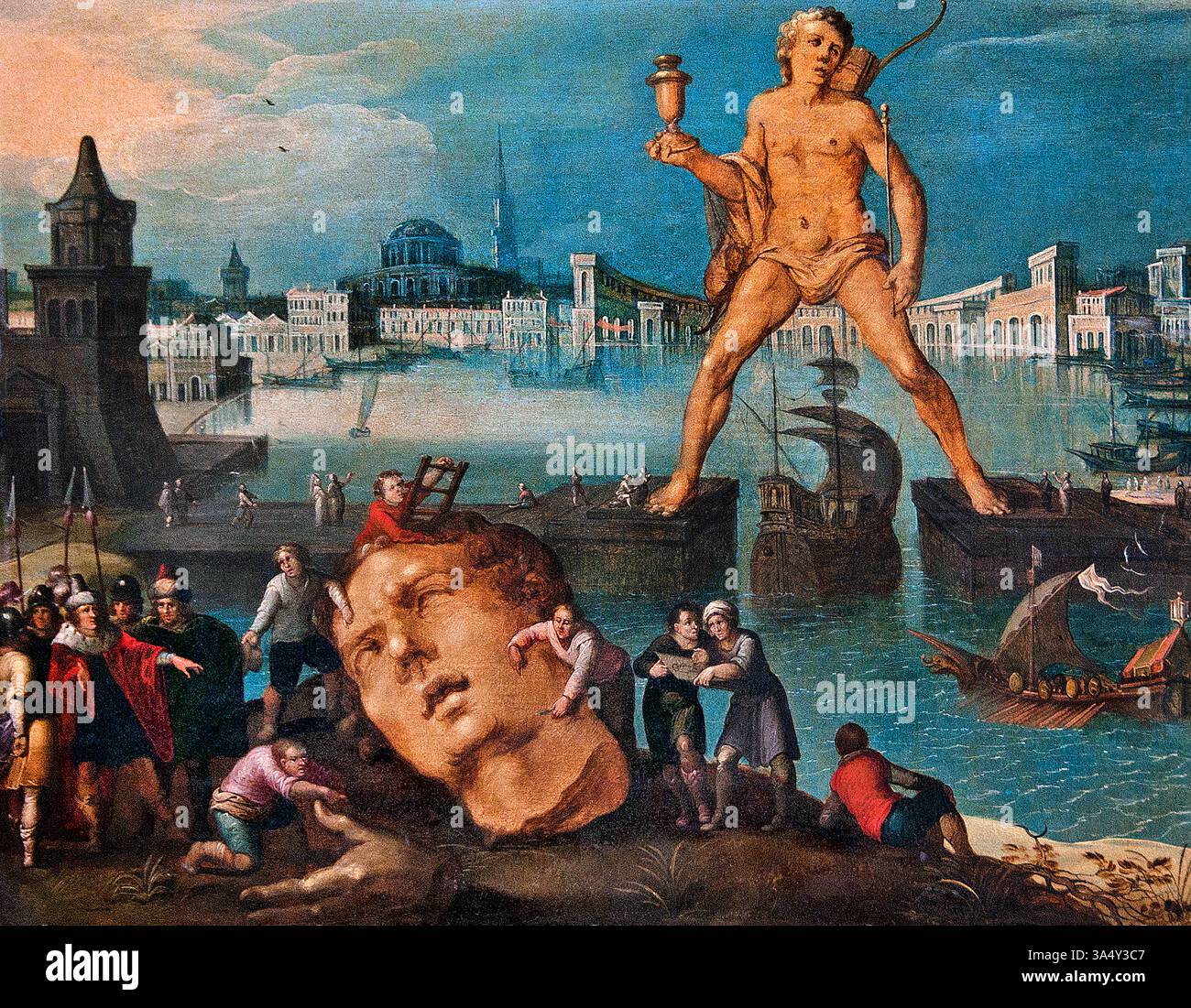 Der Koloss von Rhodos von Louis de CAULLERY 1580 1621 Belgien Belgischer Louvre Frankreich Fine Art Museum Paris. Der Koloss von Rhodos, eines der sieben Weltwunder der Antike, war eine majestätische Statue, die vor über 2000 Jahren im Hafen von Rhodos stand. Der Koloss wurde zur Feier des Sieges der Insel über eine Invasionsarmee errichtet und wurde zu einem Symbol für Freiheit, Stärke und Widerstandsfähigkeit. Stockfoto