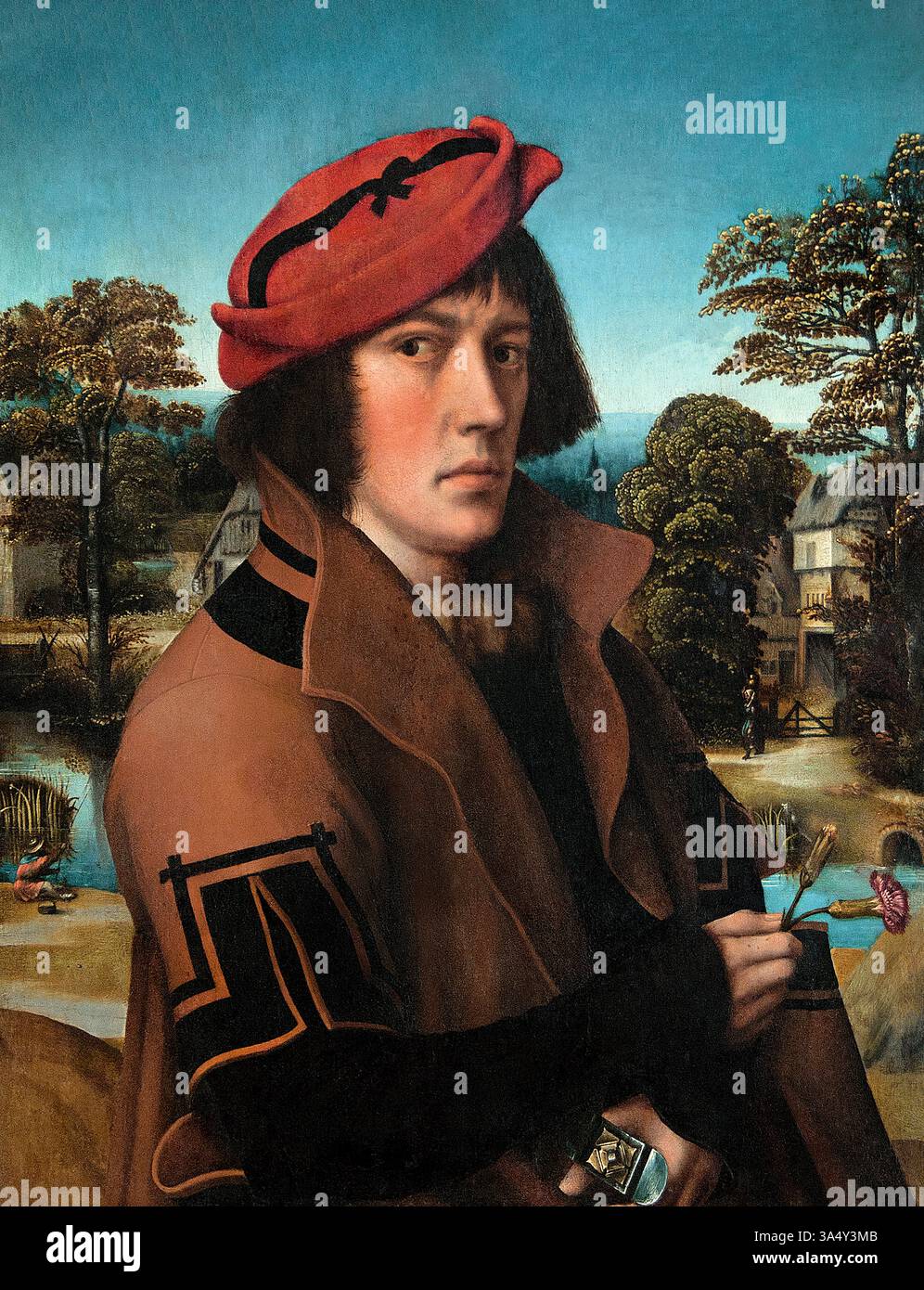 Ein Mann, der zwei Nelken aus dem Süden der Niederlande hält? Erste Hälfte des 16. Jahrhunderts Italien 17. Jahrhundert Louvre France Fine Art Museum Paris. Stockfoto