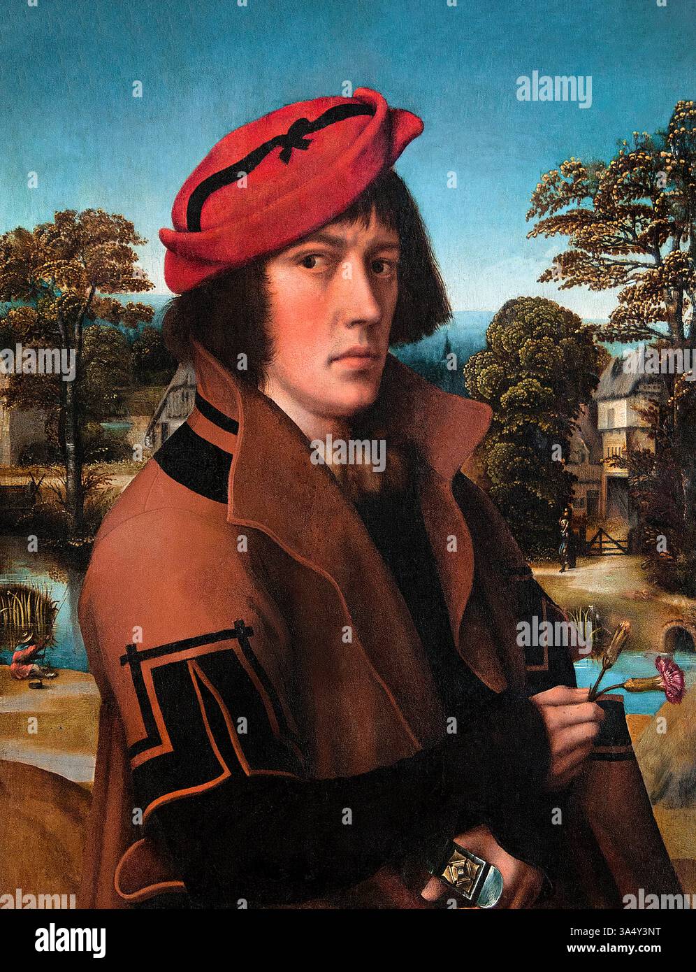 Ein Mann, der zwei Nelken aus dem Süden der Niederlande hält? Erste Hälfte des 16. Jahrhunderts Italien 17. Jahrhundert Louvre France Fine Art Museum Paris. Stockfoto