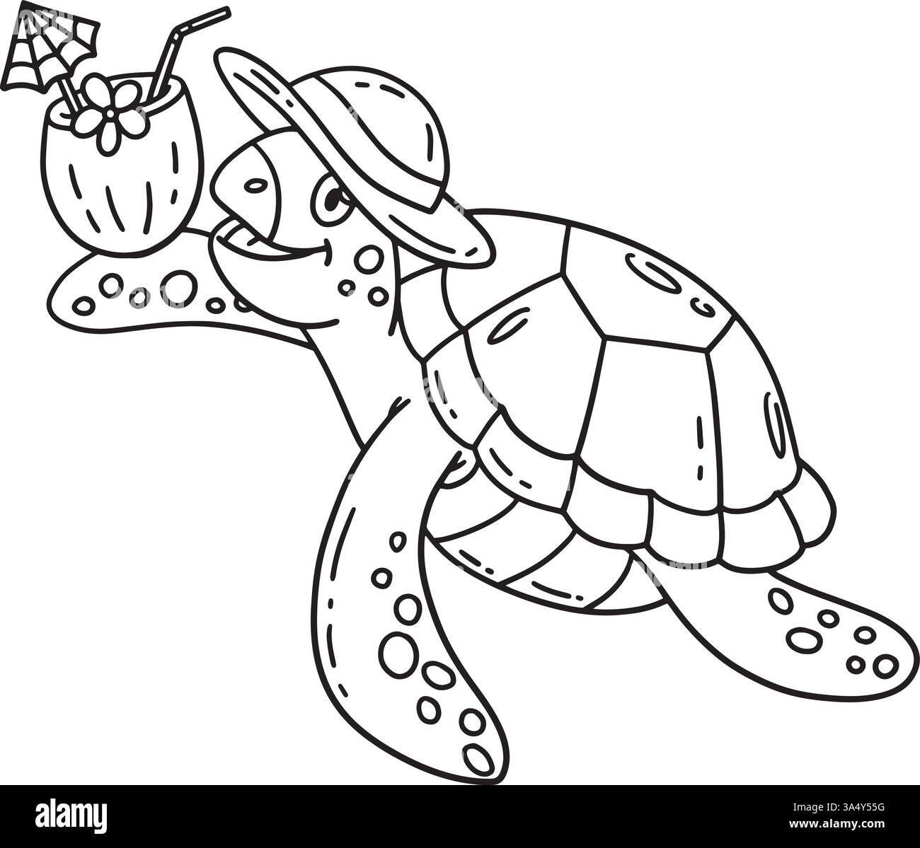 Schildkröte mit Kokosnussgetränk isolierte Malseite Stock Vektor