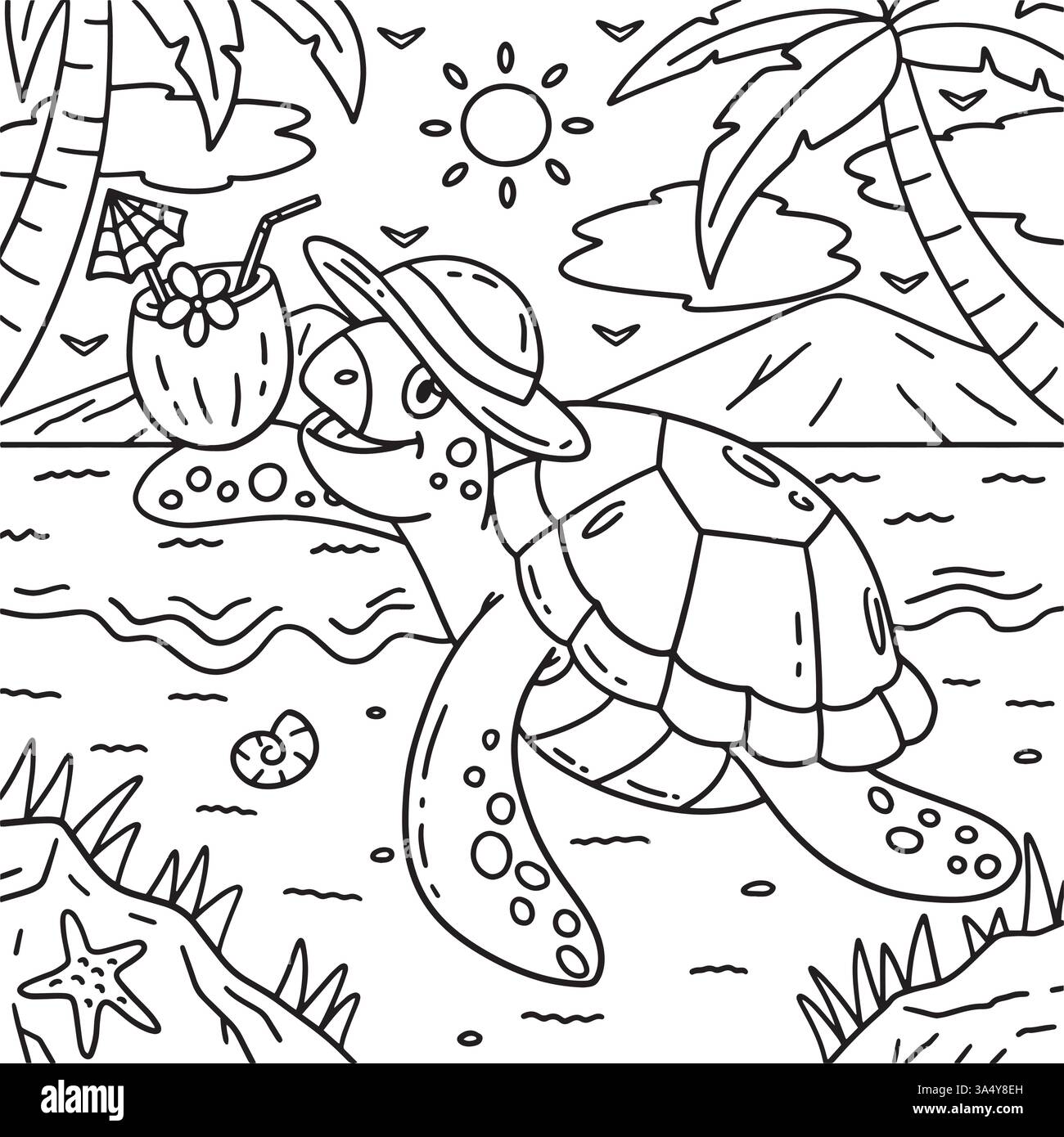 Schildkröte mit Kokosnussgetränk Malseite für Kinder Stock Vektor