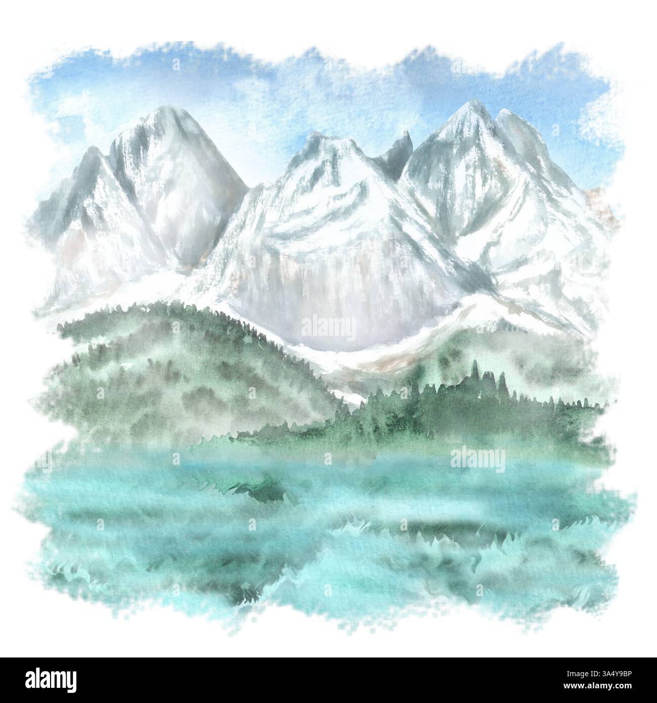 Natürliche Landschaft mit Bergen, fernen Wäldern und Seen. Blaues Wasser. Natur-Clipart. Handgezeichnete Aquarellillustration. Für Postkarten, Invi Stockfoto