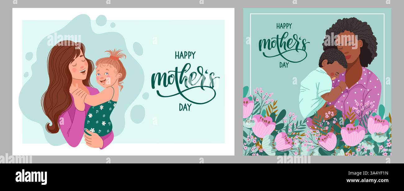 Postkartenset für den Muttertag mit Frauen und Kindern. Vektorabbildung Stock Vektor Postkartenset für den Muttertag mit Frauen und Kindern. Vektorabbildung Stock Vektor