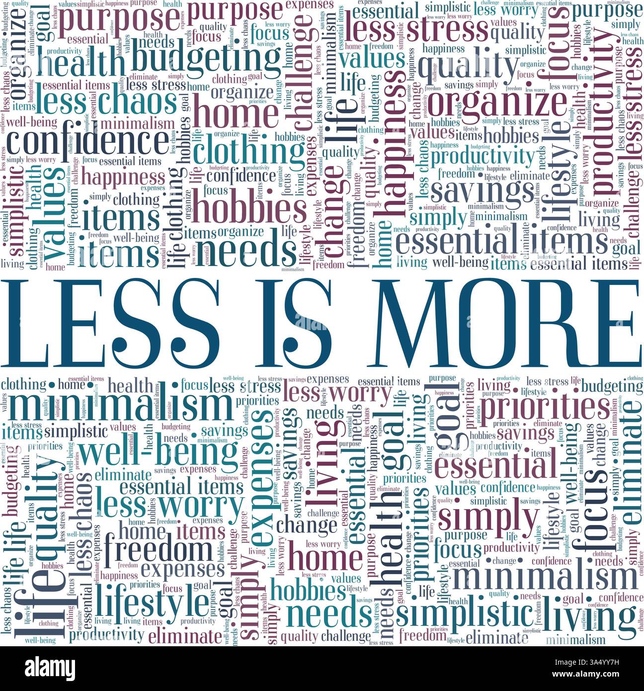 Weniger ist mehr Vektorillustration Wortwolke isoliert auf weißem Hintergrund. Stock Vektor