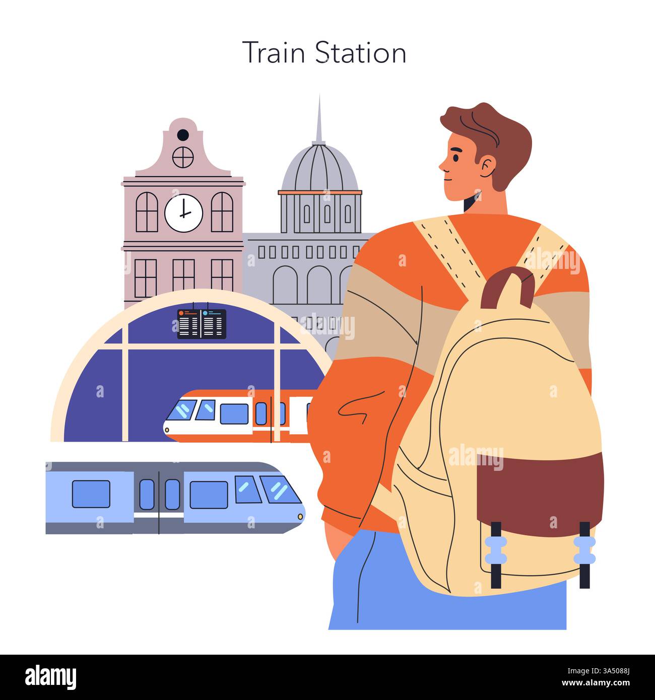 Zugfahrkonzept. Eine Szene, die die geschäftige Umgebung eines Bahnhofs mit einem Reisenden im Fokus darstellt. Die Abbildung zeigt verschiedene Züge und die berühmte Bahnhofsarchitektur, die Abenteuer, Bequemlichkeit und Konnektivität für moderne Fahrten symbolisiert. Vektorabbildung. Stock Vektor