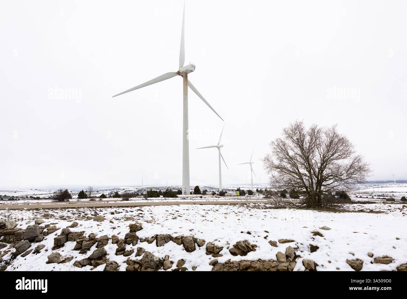 Windkraftanlage mit Schnee und Nebel Stockfoto