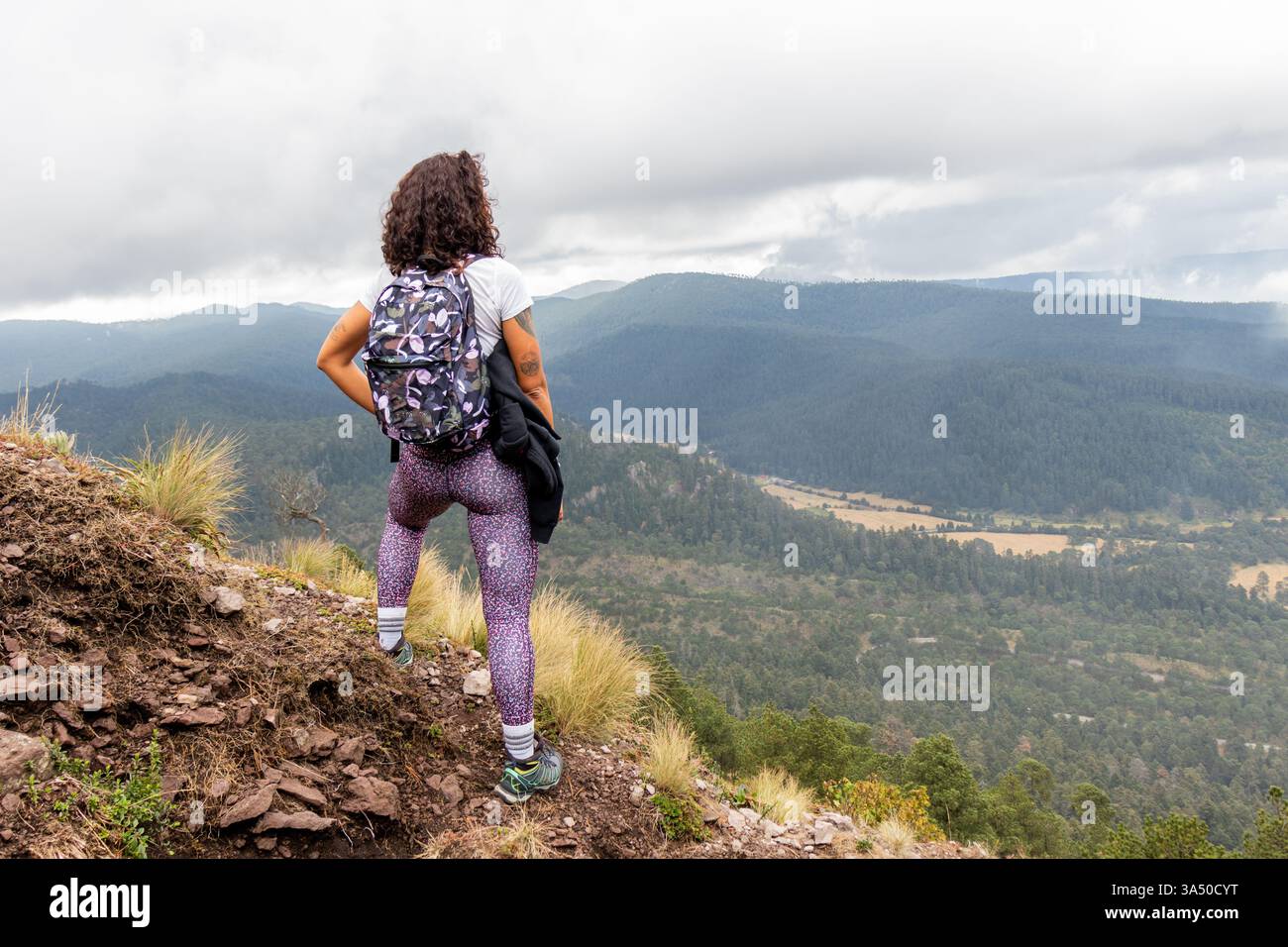 Rückansicht einer hispanischen Wanderer auf einem felsigen Gipfel, ohne Gesicht, während sie über eine weite Landschaft blickt. Dieses Reisebild fängt Einsamkeit und Abenteuer in der Natur ein. Ideal für Wanderungen, Bergsteiger und Kampagnen in der Landschaft. Stockfoto
