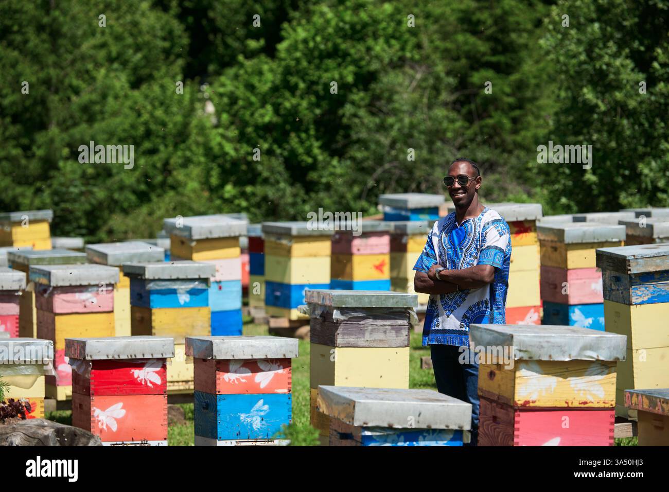 Afrikanischer Imker, der auf einer lokalen Bienenfarm arbeitet, ein Kleinunternehmer, der natürlichen Honig produziert. Die authentische Szene zeigt die Imkerei, die Honigproduktion und die nachhaltige Landwirtschaft. Ideal für Geschichten über Landwirtschaft, Ökologie und lokale Unternehmen. Stockfoto