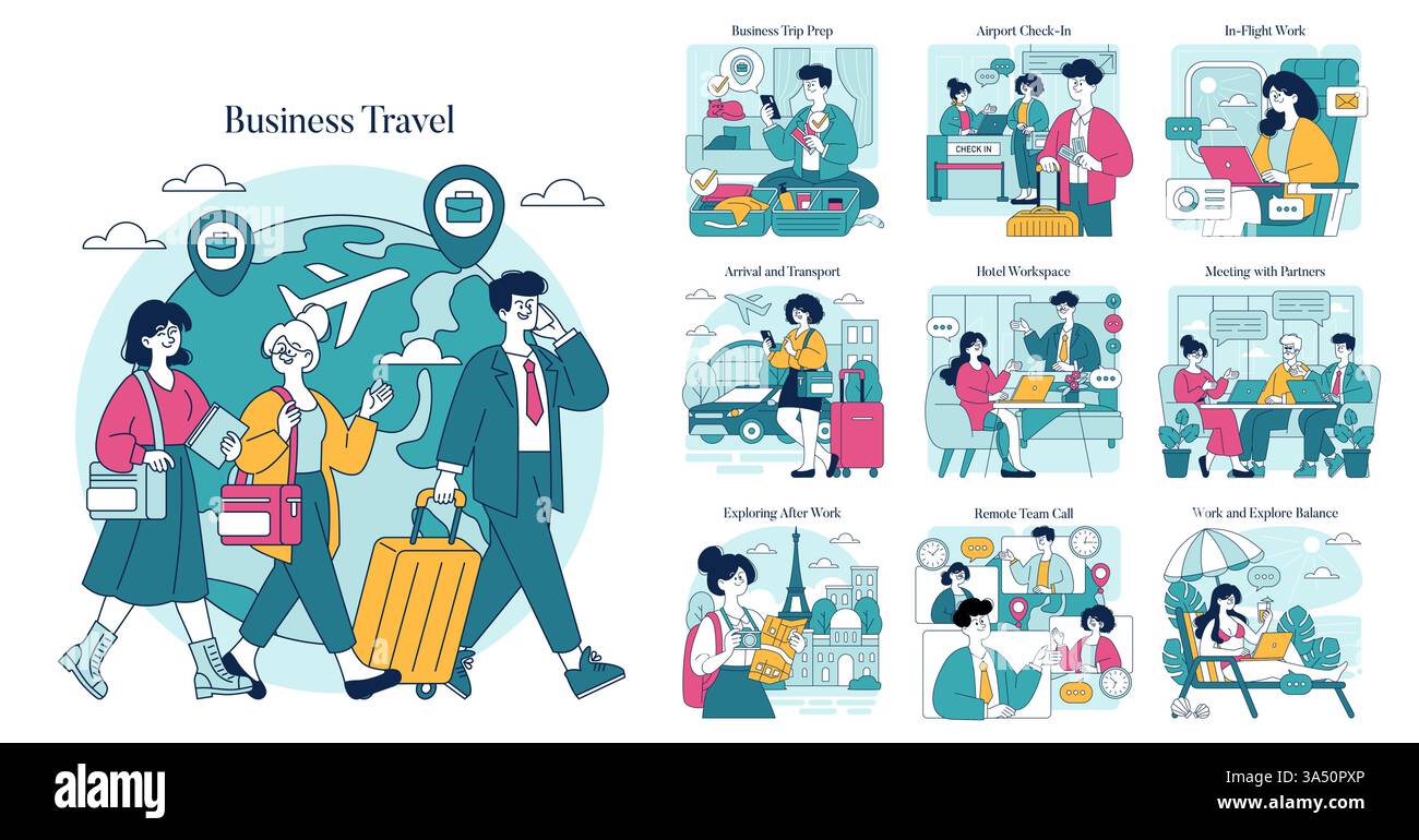 Die Illustration für Geschäftsreisen erfasst wichtige Momente wie Reisevorbereitung, Check-in am Flughafen, Arbeit während des Flugs, Hotelarbeitsbereich, Meetings, und entdecken Sie Reiseziele und erleben Sie ein ausgewogenes Reiseerlebnis. Stock Vektor