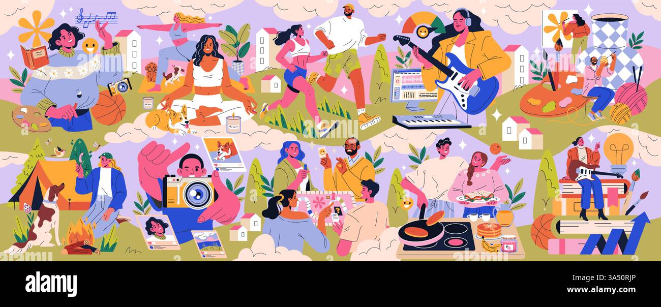 Dopamin-Hobbys-Illustration. Erkundet die Freude, sich an verschiedenen Hobbys zu beteiligen, die Glück und Kreativität fördern. Zu den Aktivitäten gehören Musik, Kunst, Kochen und Outdoor-Spaß. Vektorabbildung. Stock Vektor