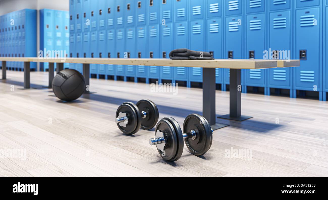 Kurzhanteln und Medizinball liegen auf der Umkleideraum-Etage 3d Stockfoto