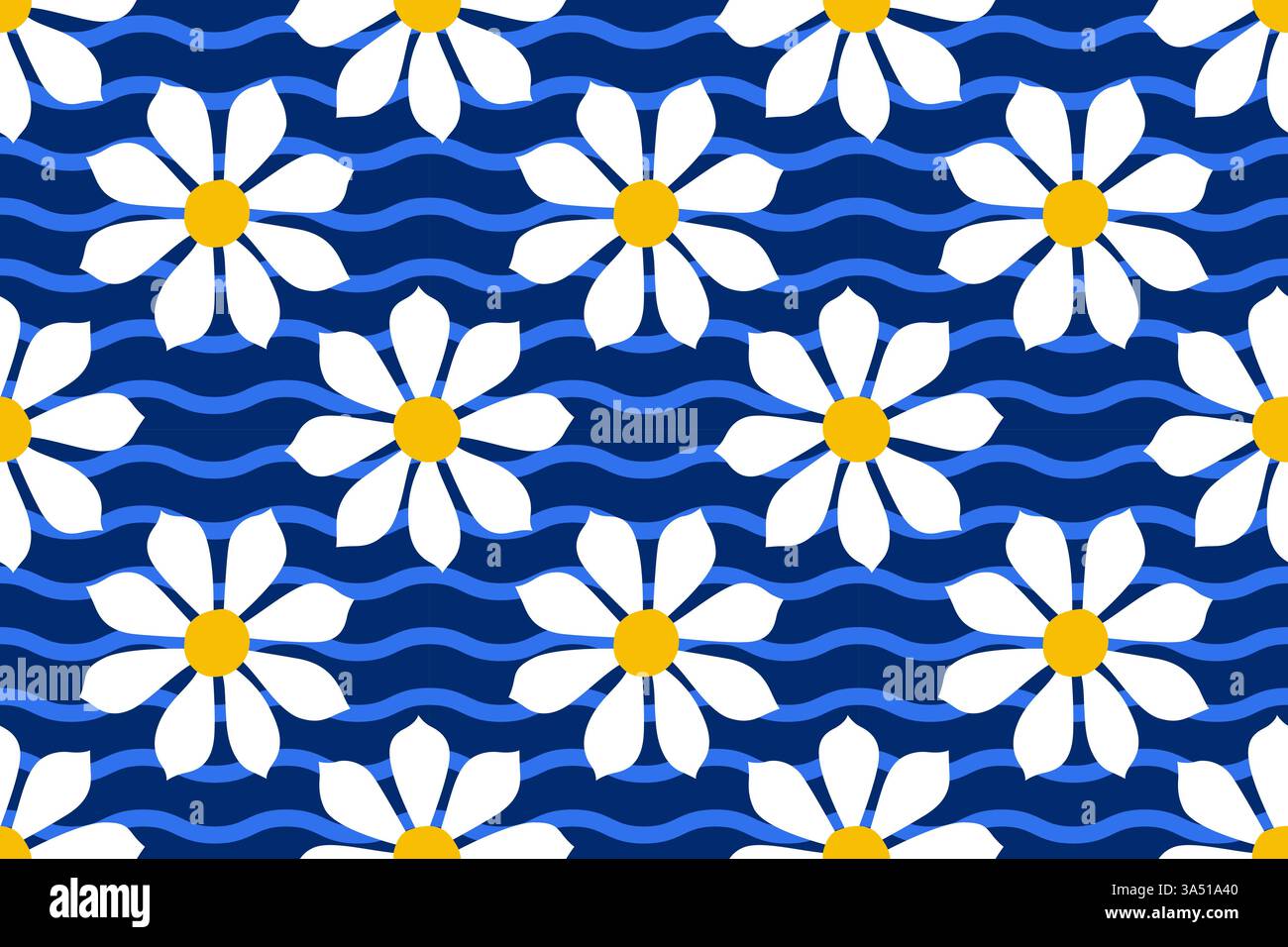 Nahtloses Muster weißer Gänseblümchen mit gelben Mittelpunkten auf tiefblauem Hintergrund mit welligen Linien. Sommerliches ästhetisches Muster. Perfekt für Textilien, Tapeten, Geschenkpapier und digitale Hintergründe Stock Vektor