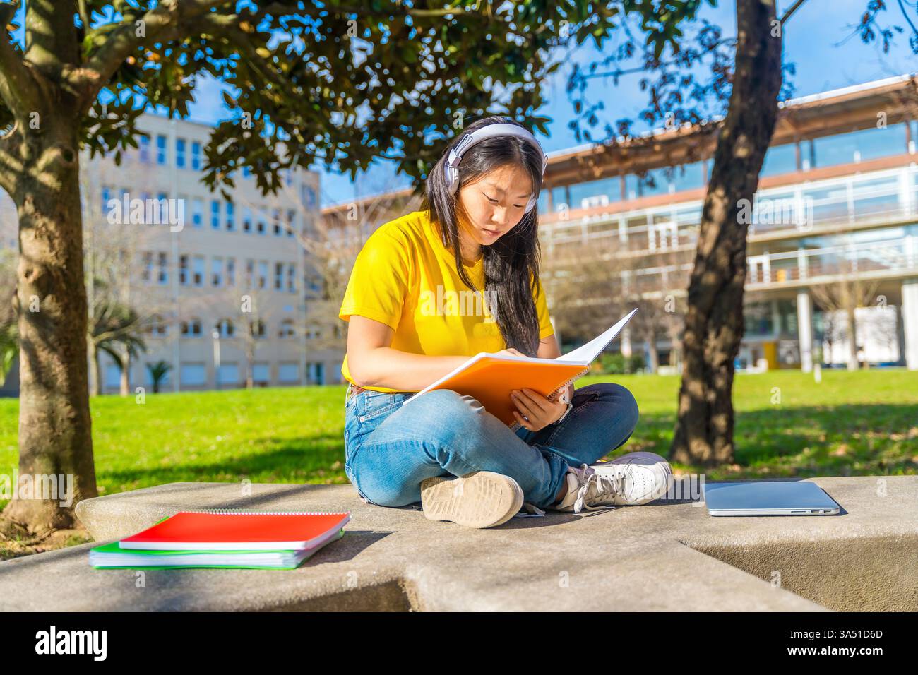 Ernsthafte asiatische Studentin mit Kopfhörern, die ihre Notizen liest und studiert, während sie mit überkreuzten Beinen auf einer Betonbank auf dem Universitätscampus o... Stockfoto
