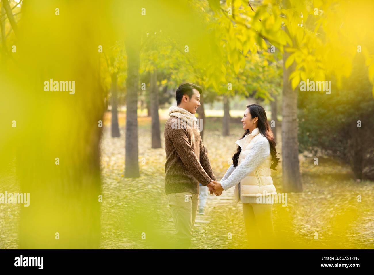 Lächelndes chinesisches Paar, das Hände hält und sich ansieht, während er im Herbst im Park steht Stockfoto