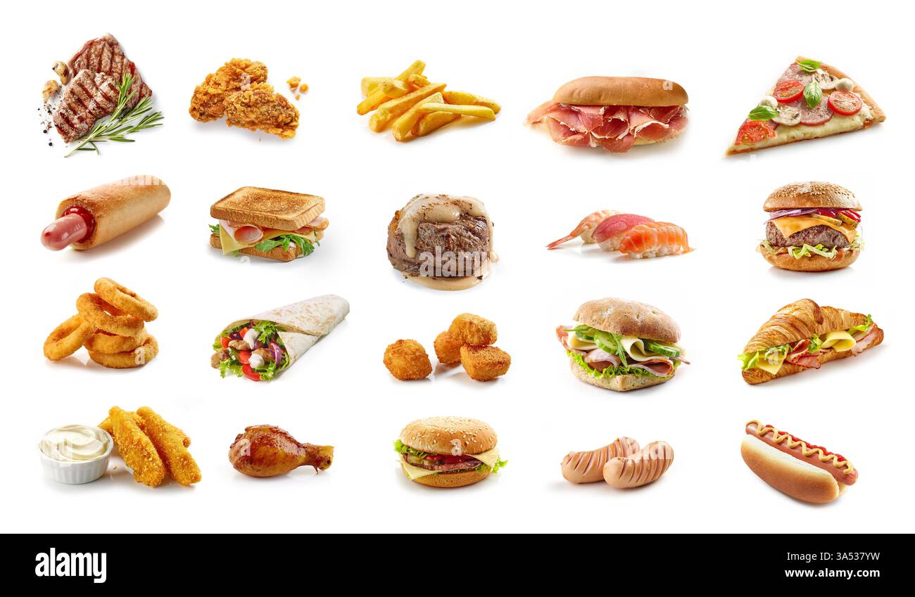 Set aus verschiedenen Fast Food-Produkten, isoliert auf weißem Hintergrund. Junk-Food-Sammlung. Burger, Sandwich, frittiertes Huhn und Pommes frites, Sushi, Picca, Wrap, Stockfoto