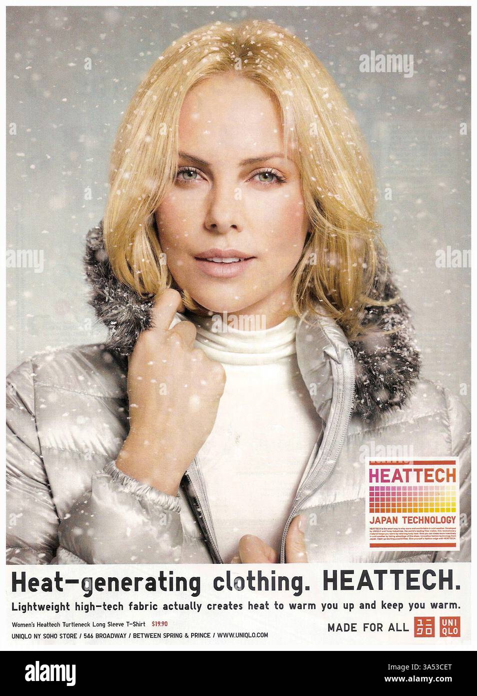 2010 Werbespot für Uniqlos Heattech-Bekleidungslinie mit Schauspielerin Charlize Theron Stockfoto 2010 Werbespot für Uniqlos Heattech-Bekleidungslinie mit Schauspielerin Charlize Theron Stockfoto