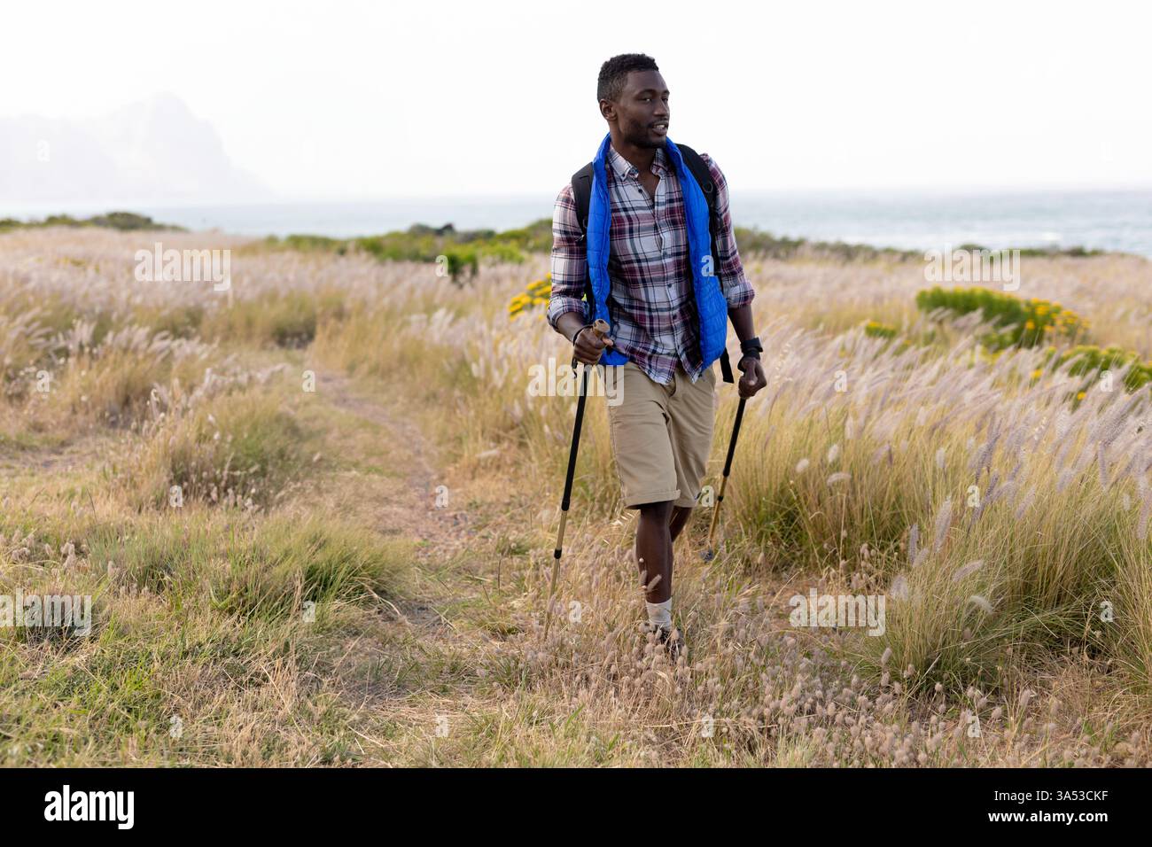 Man wandert mit Trekkingstöcken auf einem malerischen Wanderweg in der Nähe des Ozeans, genießt die Natur, kopiert den Raum Stockfoto