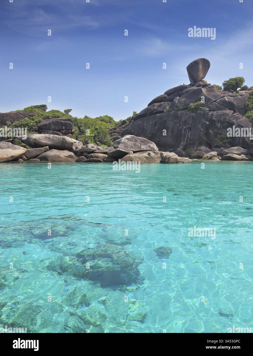 Exotische Similan-Inseln. Warmes und klares azurblaues Meer. Am unteren Rand der Bucht sind sichtbare Korallen Stockfoto
