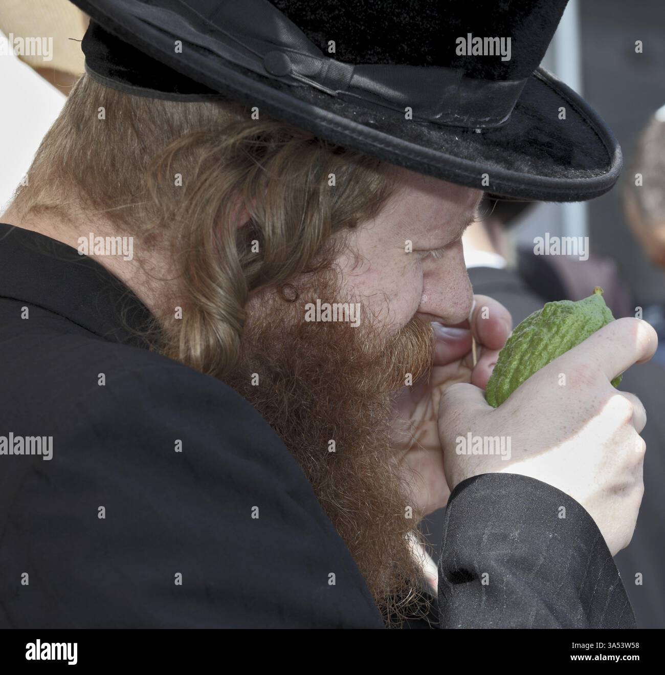 JERUSALEM, ISRAEL - 18. SEPTEMBER 2013: Traditioneller Markt vor dem Feiertag von Sukkot. Der religiöse Jude mit rotem Bart und langen Seitenlocken sorgsam Stockfoto