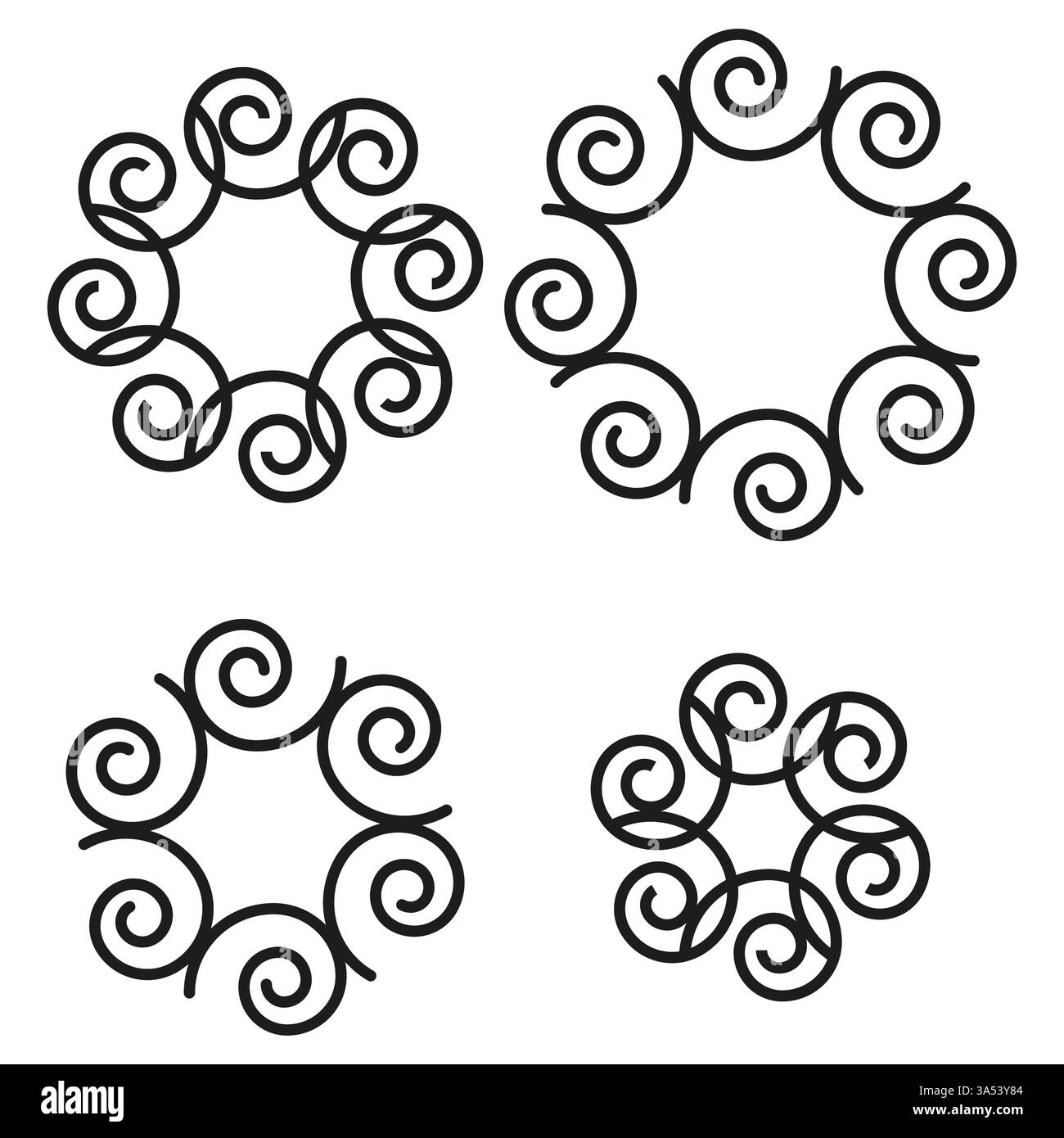 Ornamentale Wirbel-Kreise. Dekoratives Rundmuster. Schwarze gekrümmte Elemente. Abstraktes Vektordesign. Stock Vektor