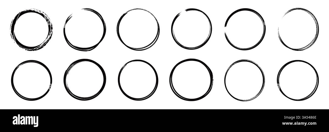 Pinselstrich Textur Kreis handgezeichnetes Elementset. Handgezeichneter Pinselstrich Kalligraphie-Rohlinienrahmen. Textur Kontur Kreis Hintergrund. Abstrakter Grunge-Stil mit Flecken. Vektorabbildung Stock Vektor
