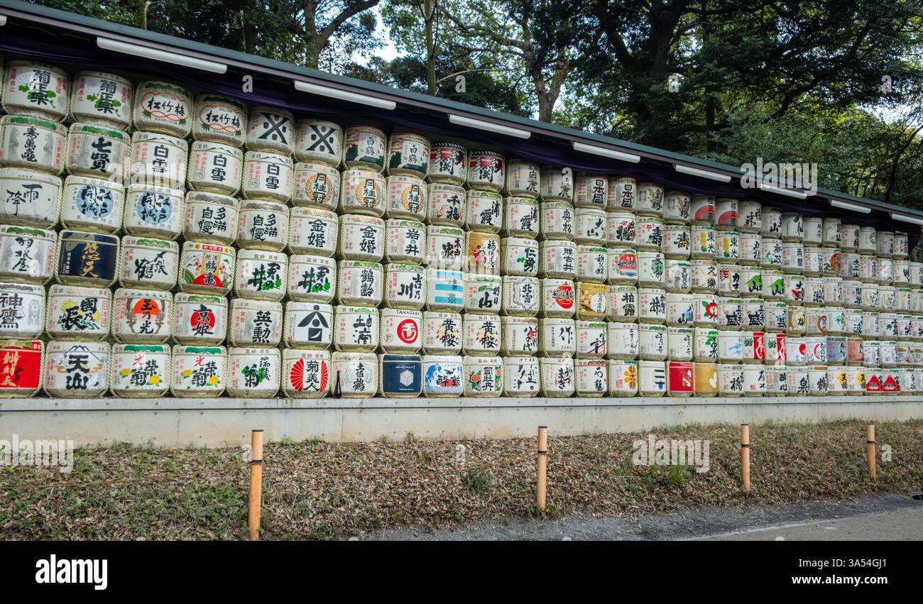 Japan, Tokio. April 2024. Sake-Fässer gestapelt am Meiji Jingu Shinto-Schrein. Traditionelles Angebot von Sake-Brauern Spendern Stockfoto