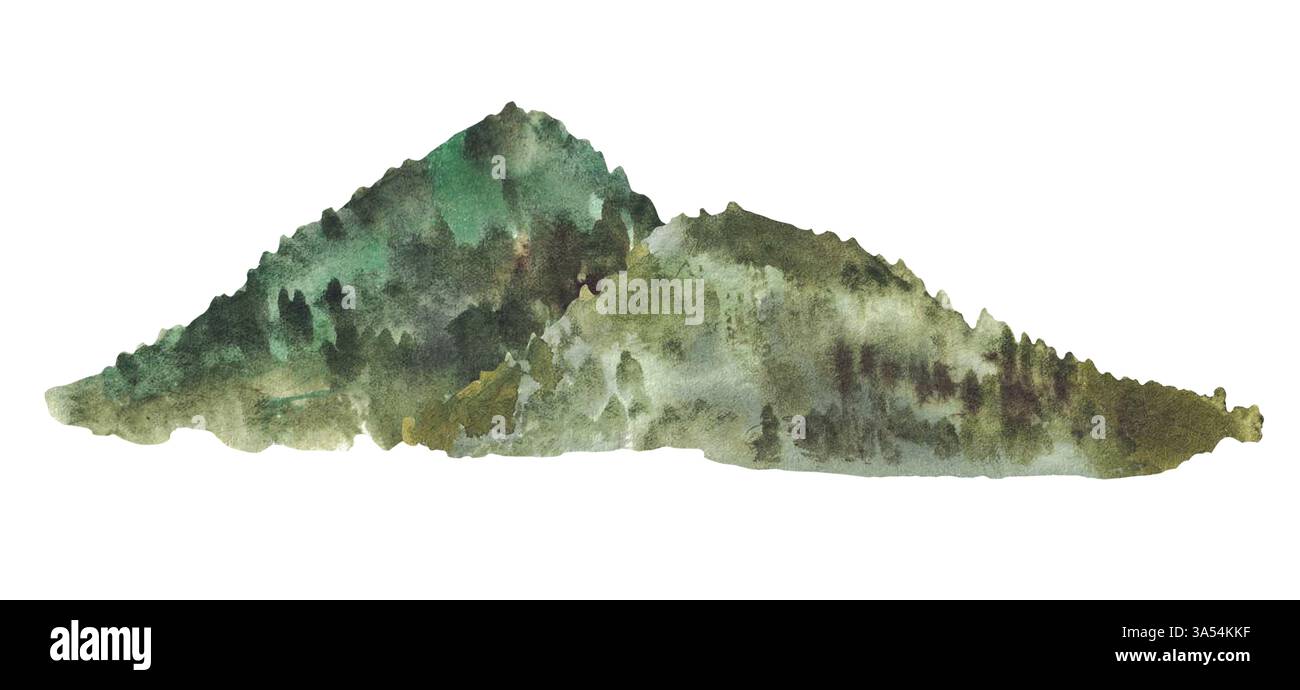 Aquarellfarben bewaldete Berge, Hügel, Silhouetten entfernter Bäume für Landschaftsgestaltung. Grüne, braune Natur, Berglandschaft. Handgezeichnet Stockfoto