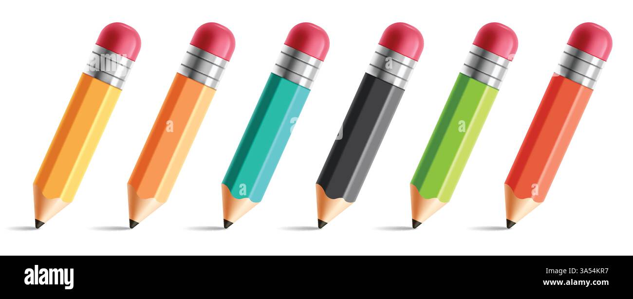 Bleistiftzeichnung Clipart 3D Set. Clip-Art für Schreibstifte für Schulen in der farbenfrohen Kollektion Gelb, Orange, Blau, Schwarz und Grün für Lernzwecke Stock Vektor