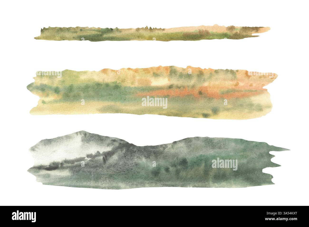 Aquarellfelder, Silhouetten entfernter Bäume, Hügel oder Berge am Horizont für die Landschaft Gelb, Grün, Orange, horizontaler Verlauf. Hand Stockfoto