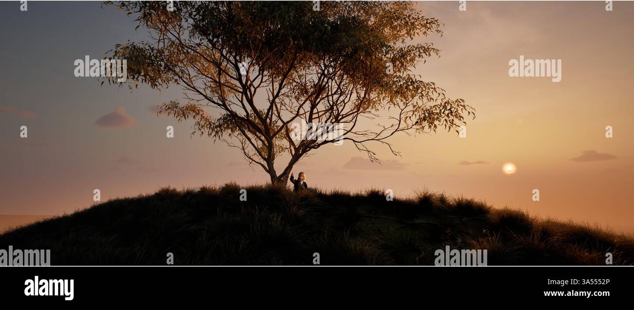 Isaac Newton, der unter einem Baum sitzt, spricht über die Schwerkraft, die Geschichte der Formulierung des Gesetzes der universellen Gravitation. 3D-Rendering, die Geschichte der Physik Stockfoto