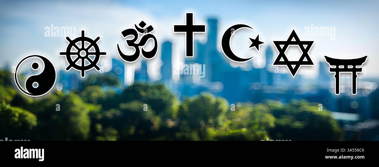 Konzeptueller Hintergrund der Koexistenz verschiedener Religionen in der Welt in unserer Gesellschaft mit heiligen Symbolen verschiedener Religionen und Hintergrund von b Stockfoto