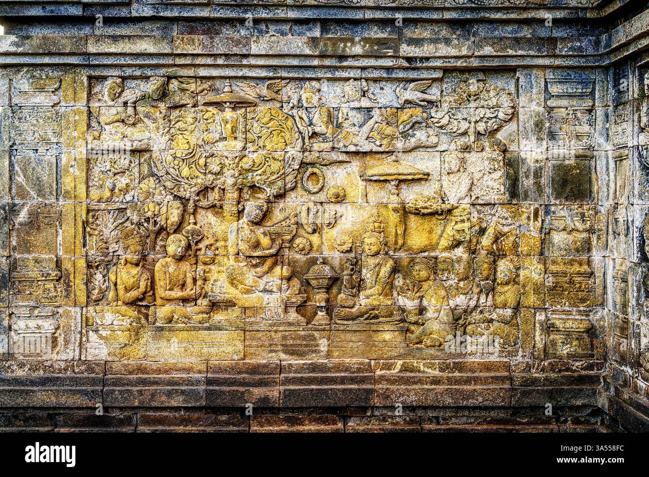 BAS-Reliefs, buddhistischer Tempel von Borobudur, Java Stockfoto