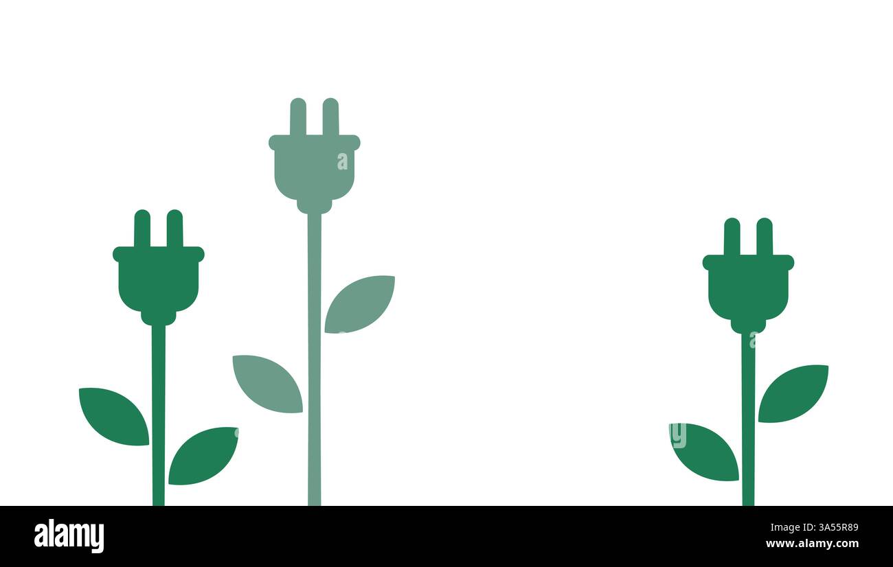Umweltfreundliches Energiekonzept mit pflanzlichen Steckern. Grüne Energie, dargestellt durch elektrische Stecker, die Pflanzen ähneln und umweltfreundliche Innovationen symbolisieren Stock Vektor