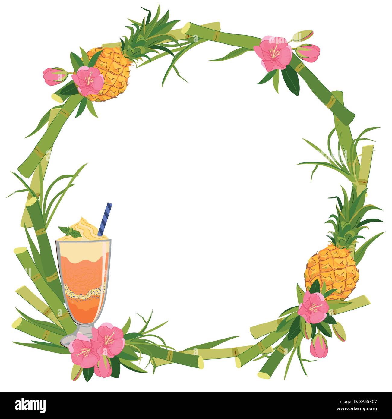 Runder Vektor-Rahmen mit erfrischendem Cocktail, Ananas und tropischen Blumen. Kranz aus Zuckerrohr, rosafarbenem Hibiskus, Eis und Obst für die Strandbar. Kreuzfahrturlaub, Sommerferien. Stock Vektor