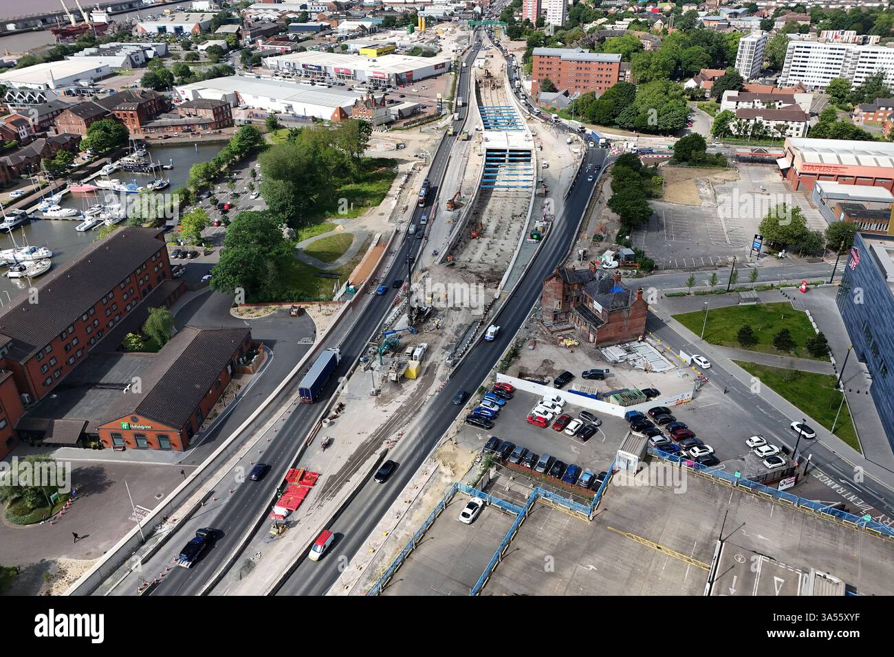 Aus der Vogelperspektive der A63 Castle Street, Verbesserungen der zweispurigen Straße, Hull Stockfoto