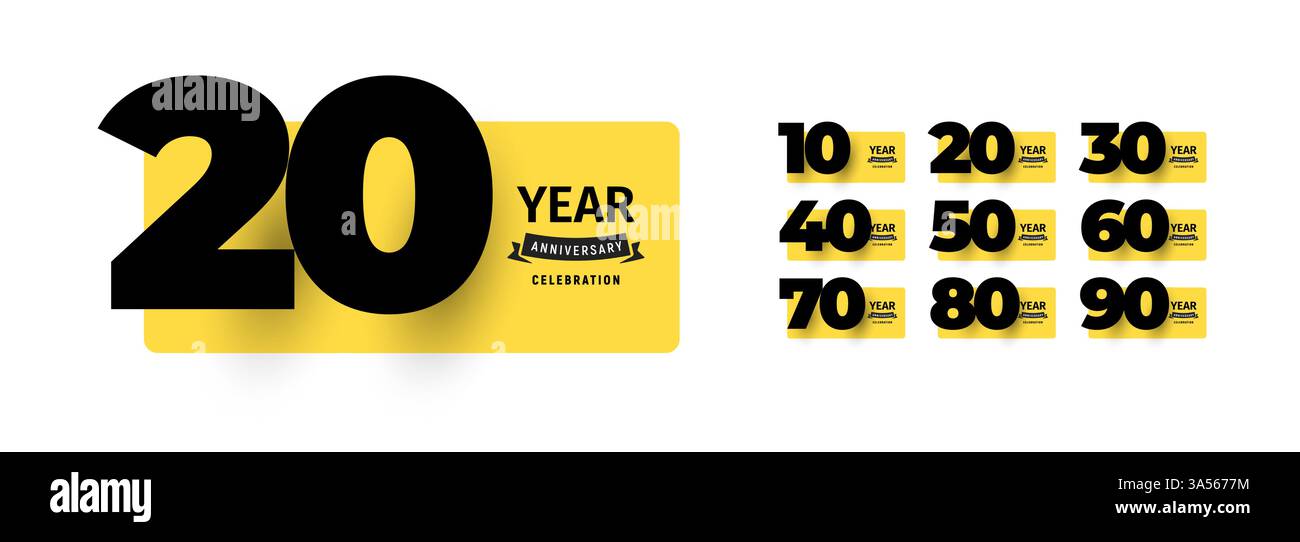 Modernes Jubiläumsdesign mit kräftigen Zahlen von 10 bis 90 und stilvoller Typografie auf gelbem Hintergrund. Ideal für Grußkarten Stock Vektor