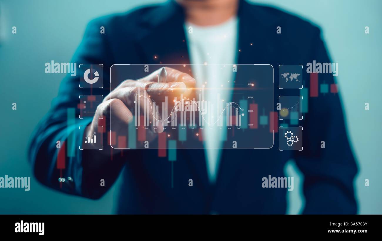 Analyse des Diagramms für Wirtschafts- und Geschäftswachstum, Analyse von Geschäftsdaten, erfolgreiche Geschäftsentwicklung, Markt- und strategische Planung, Geschäftsbetrieb Stockfoto