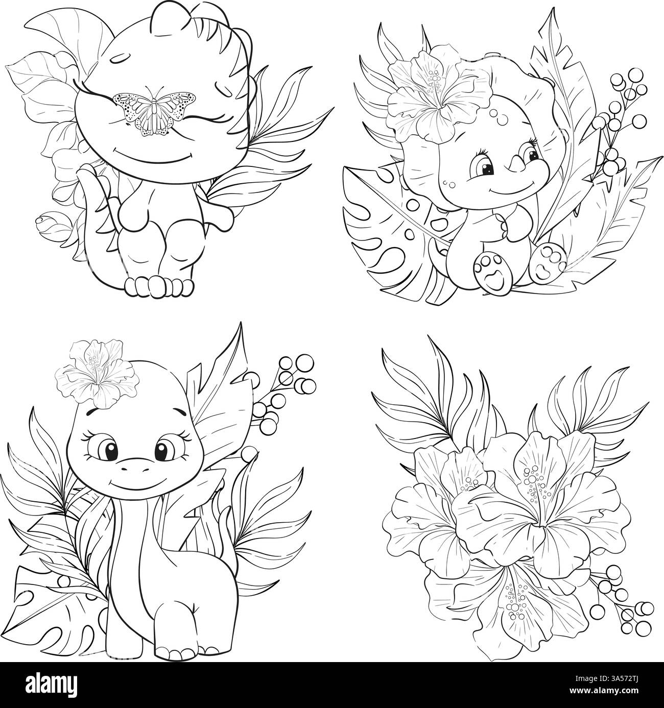 Vektor-Set - Baby-Dinosaurier mit Palmblättern, Clipart für Babydusche, Kinderzimmer, Dekor, Aufkleber, Drucke mit historischen Tieren. Jura-Periode Stock Vektor