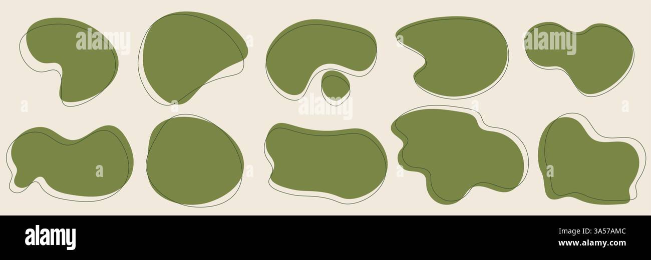 Ein Satz abstrakter, grüner, abgerundeter flüssiger Blob. Unregelmäßiges, zufälliges Fluiddesign Figuren abgerundete Elemente. Trendige Vektor-Illustration mit dünnen Linien Stock Vektor
