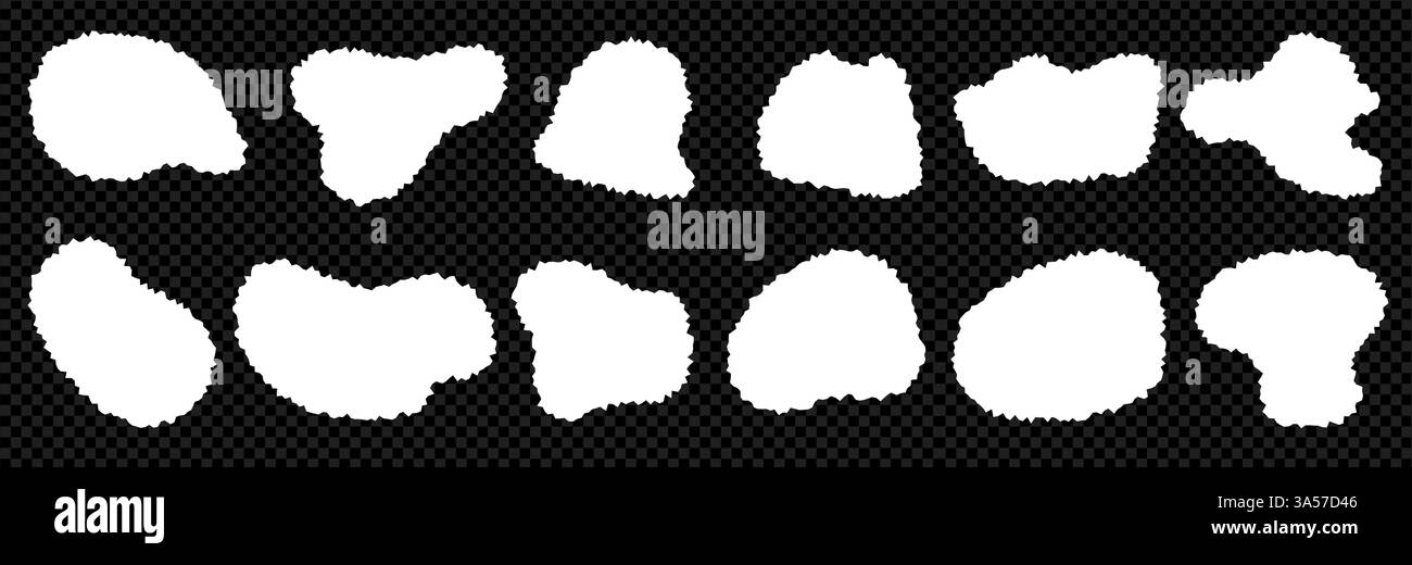 Satz Papier mit weißer Kante. Abgerissene Formen von Quadrat und Rahmen. Vektor transparenter Hintergrund als PNG... Kit für gezackte Formulare Stock Vektor