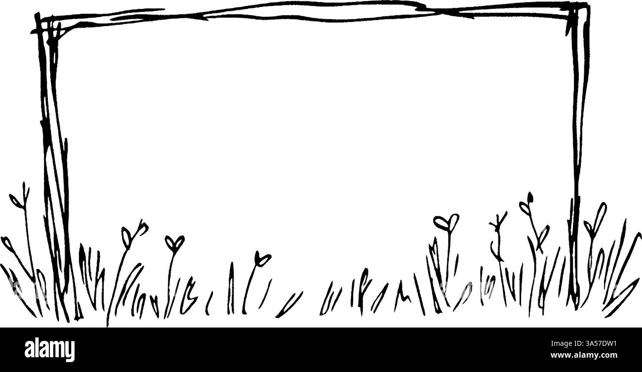 Ein handgezeichneter Rahmen mit schlichtem Design, mit einem grasbewachsenen Boden, der mit kleinen Herzblüten verziert ist. Der Rahmen ist leer, was möglich ist Stock Vektor