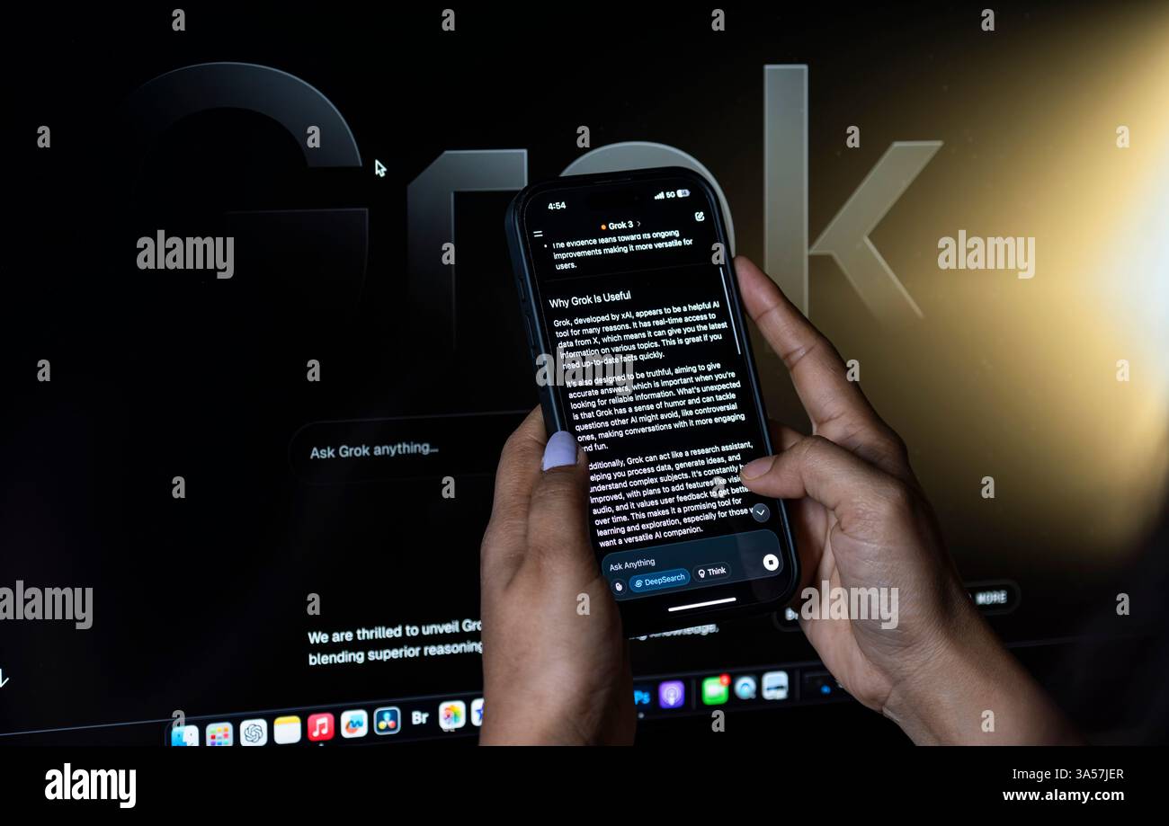 21. März 2025: In dieser Fotoabbildung verwendet eine Person am 21. März 2025 in Guwahati, Indien, den Grok AI Chatbot auf einem Handy. Elon Musks KI-Chatbot, Grok, wurde kürzlich in Indien zu einem wichtigen Diskussionsthema, da er Hindi-Slang und ungefilterte Sprache in seinen Antworten verwendet. (Kreditbild: © David Talukdar/ZUMA Press Wire) NUR REDAKTIONELLE VERWENDUNG! Nicht für kommerzielle ZWECKE! Stockfoto