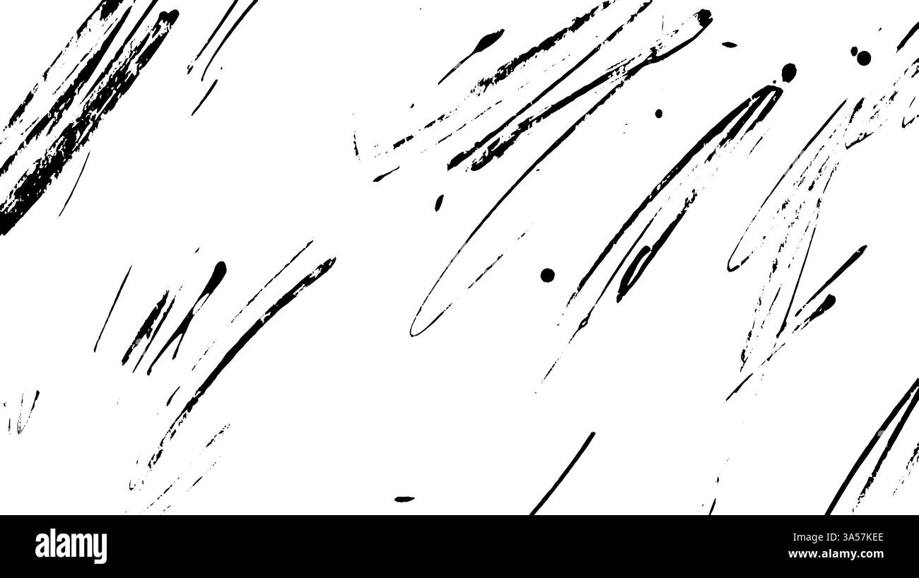 Ein abstrakter schwarz-weißer Hintergrund mit dynamischen Pinselstrichen und Spritzern, die ein Gefühl von Bewegung und künstlerischem Flair schaffen. Stock Vektor