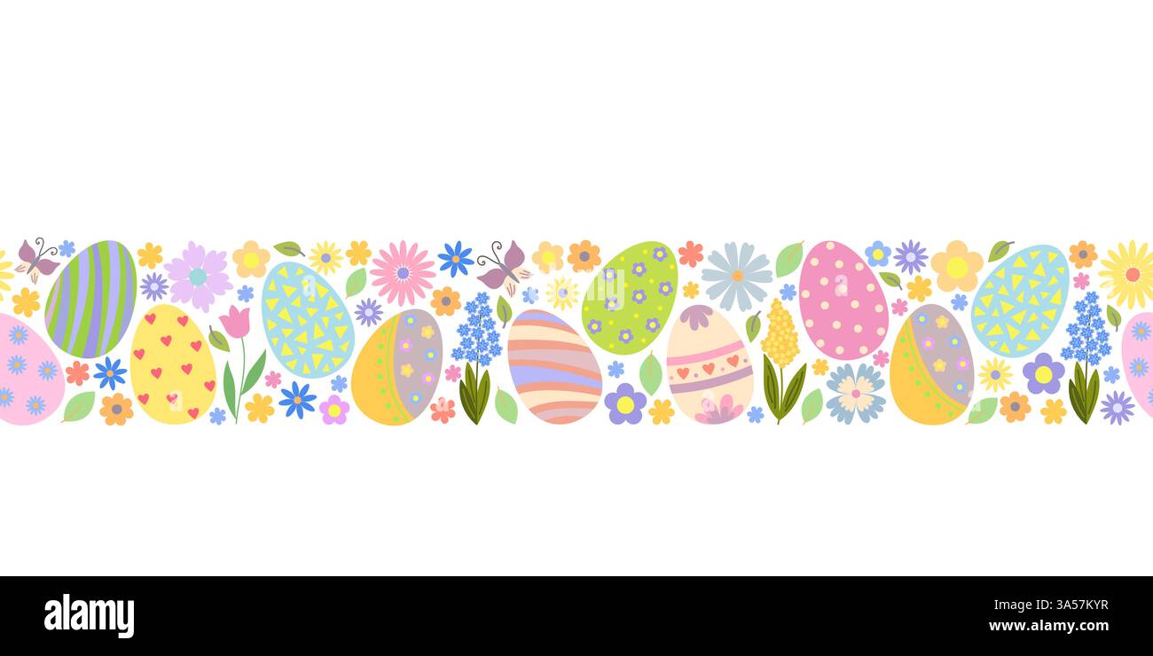 Osterflorenfahne mit Eiern, süßen Blumen, Schmetterlingen, Blättern, frühe Frühlingswiese Ornament nahtlose horizontale Grenze, Hand gezeichnete Vektorillustra Stock Vektor