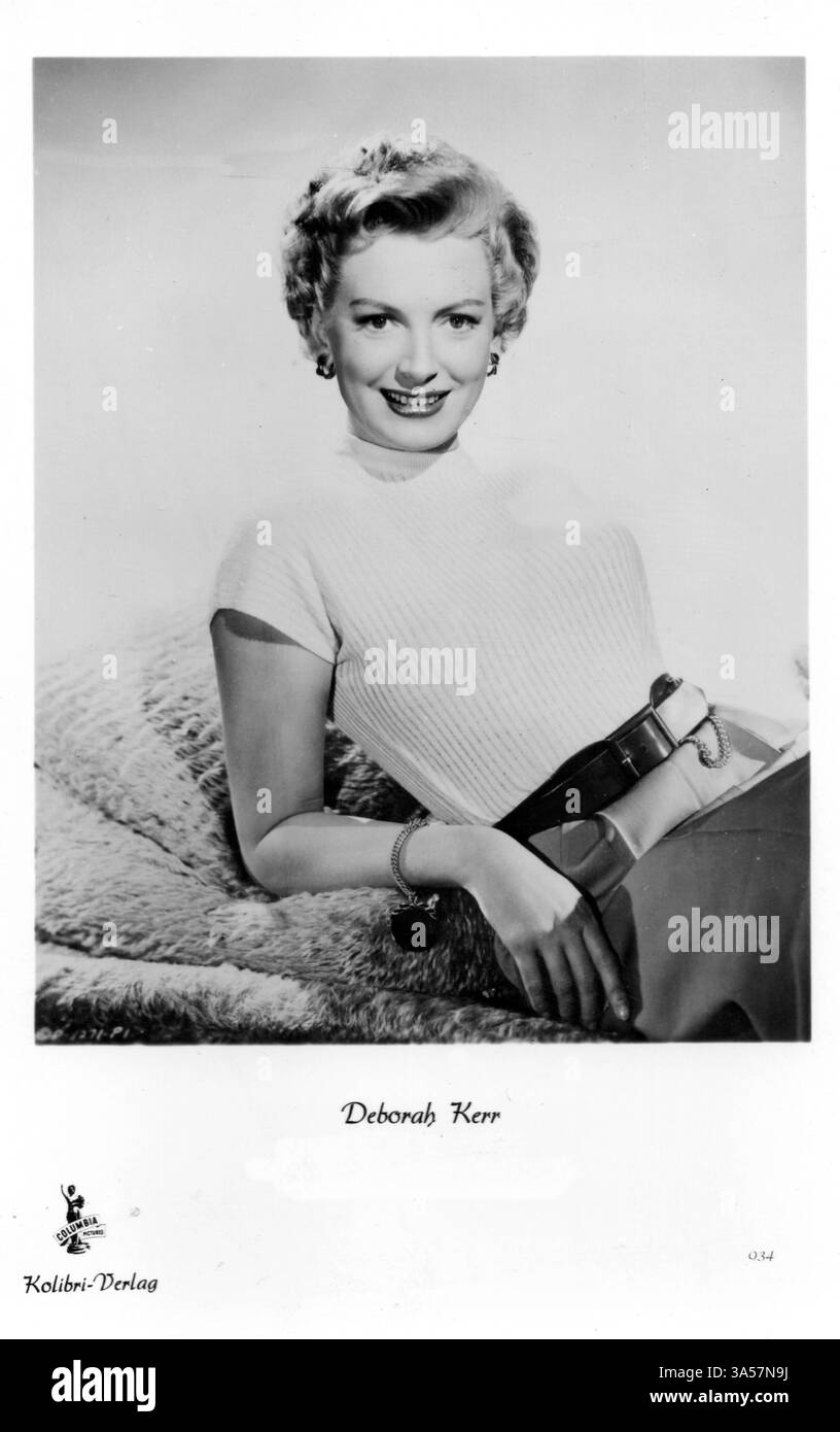 Eine antike Postkarte mit der britischen Schauspielerin Deborah Kerr, die um 1950 in Deutschland veröffentlicht wurde Deborah Kerr ist die Gewinnerin des Golden Globe Awards Stockfoto