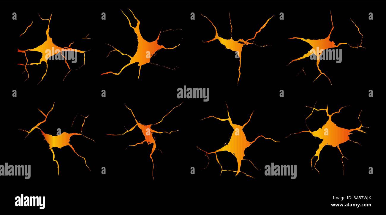 Lavarisse weben einen feurigen Wandteppich über die verhärtete Erde in einer aktiven vulkanischen Landschaft während der Dämmerung Stock Vektor