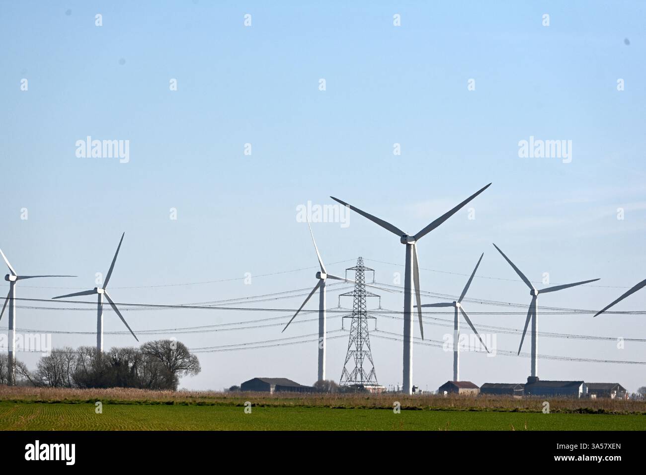 Windturbinen an einem klaren, sonnigen Tag Stockfoto